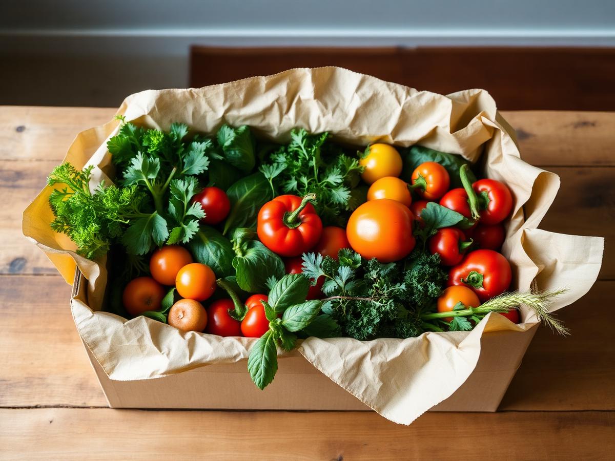 A packed CSA box with tomatoes, herbs, and greens
